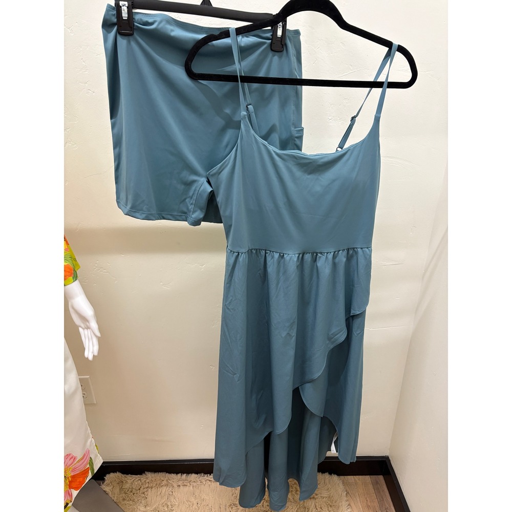 Halara Teal Blue Exercise Dress and Shorts Set Large High Low Ruffle Activewear